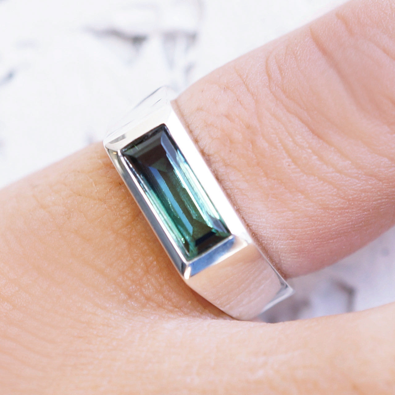 Bi-color green tourmaline signet ring